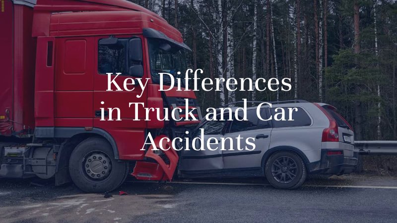 Semi-truck and passenger vehicle involved in a roadway collision, illustrating differences between truck accidents and car accidents.